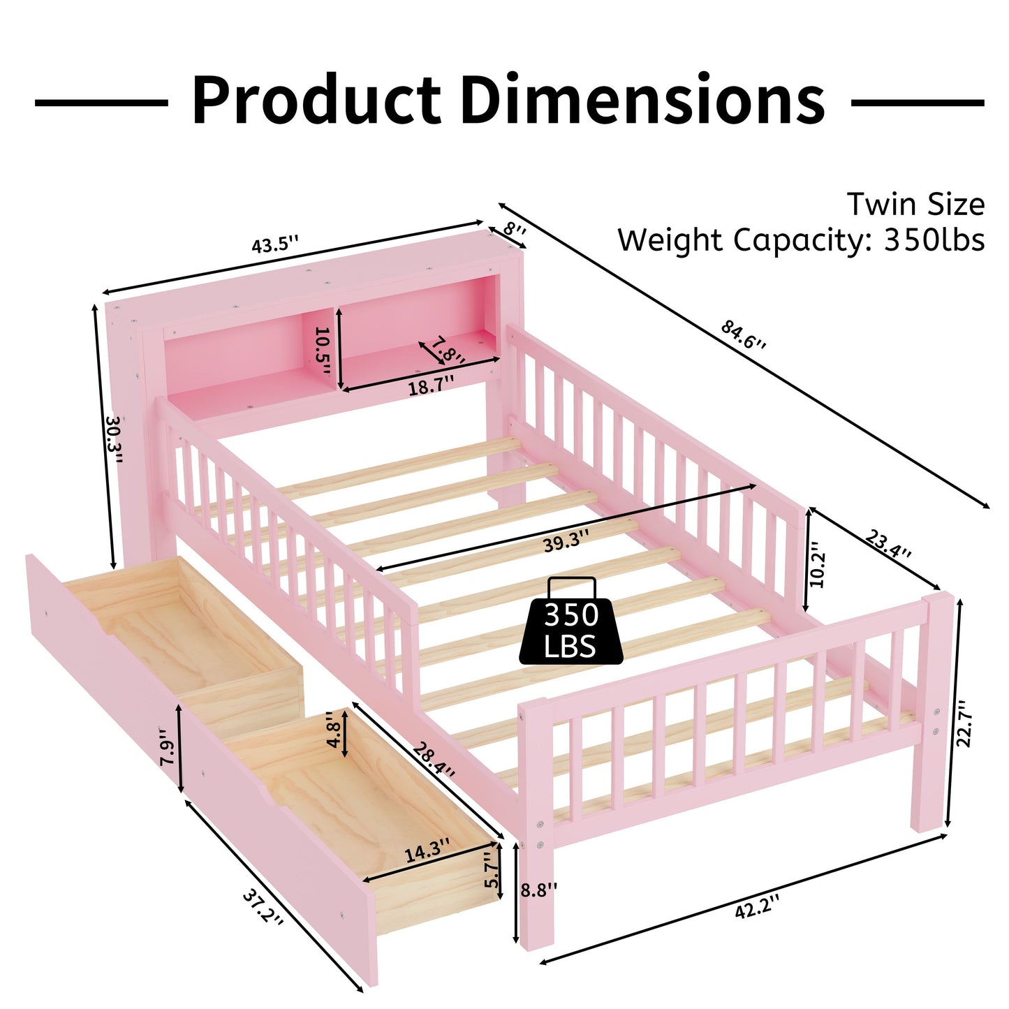 Twin Size Bed With Headboard Storage Rack, 2 Under Bed Drawers, 3 - Side Guardrails For Safety And Security - Pink