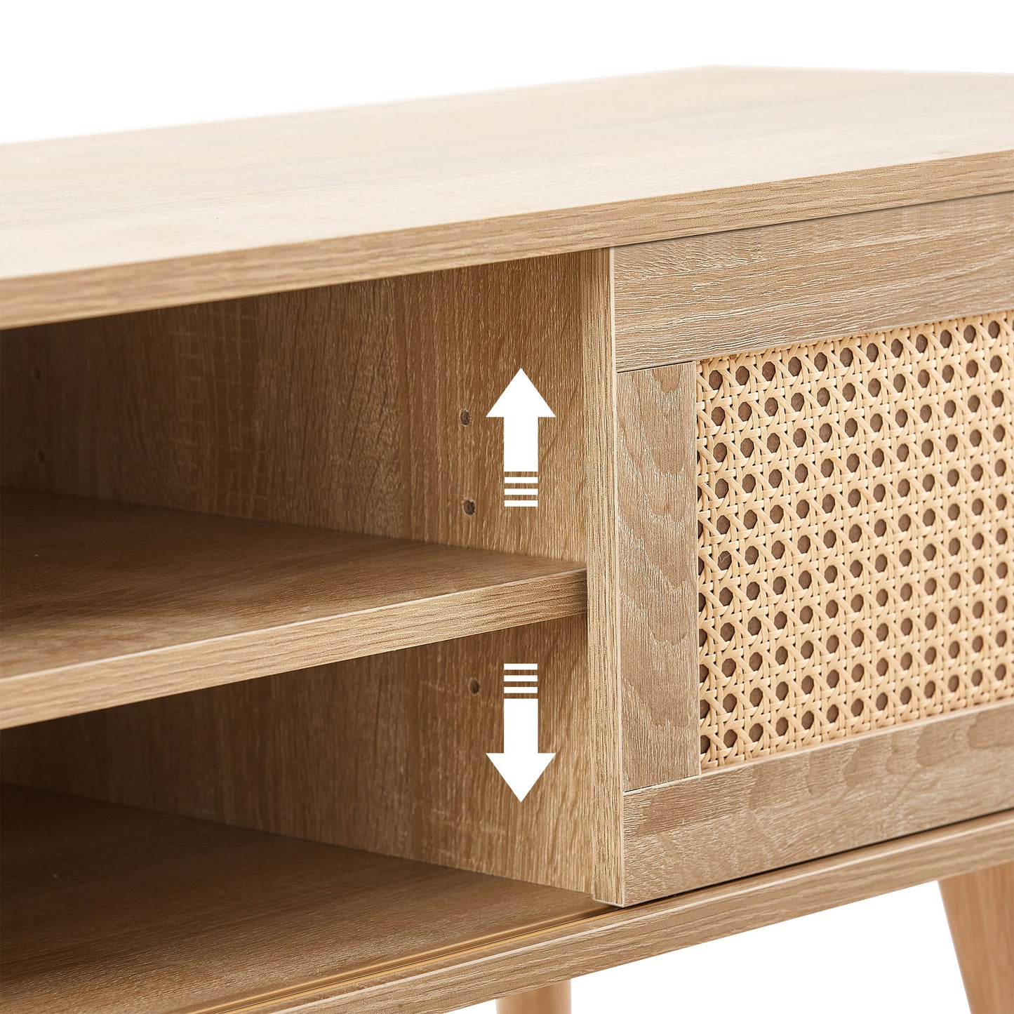 55.12" Rattan TV Cabinet, Double Sliding Doors For Storage, Adjustable Shelf, Solid Wood Legs, TV Console For Living Room - Natural