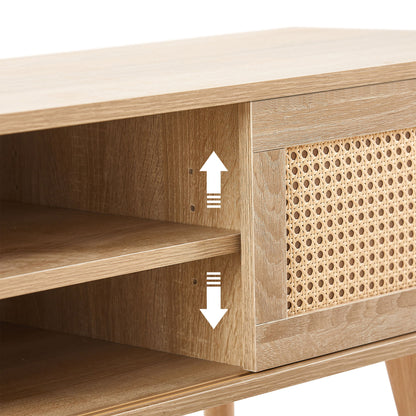 55.12" Rattan TV Cabinet, Double Sliding Doors For Storage, Adjustable Shelf, Solid Wood Legs, TV Console For Living Room - Natural