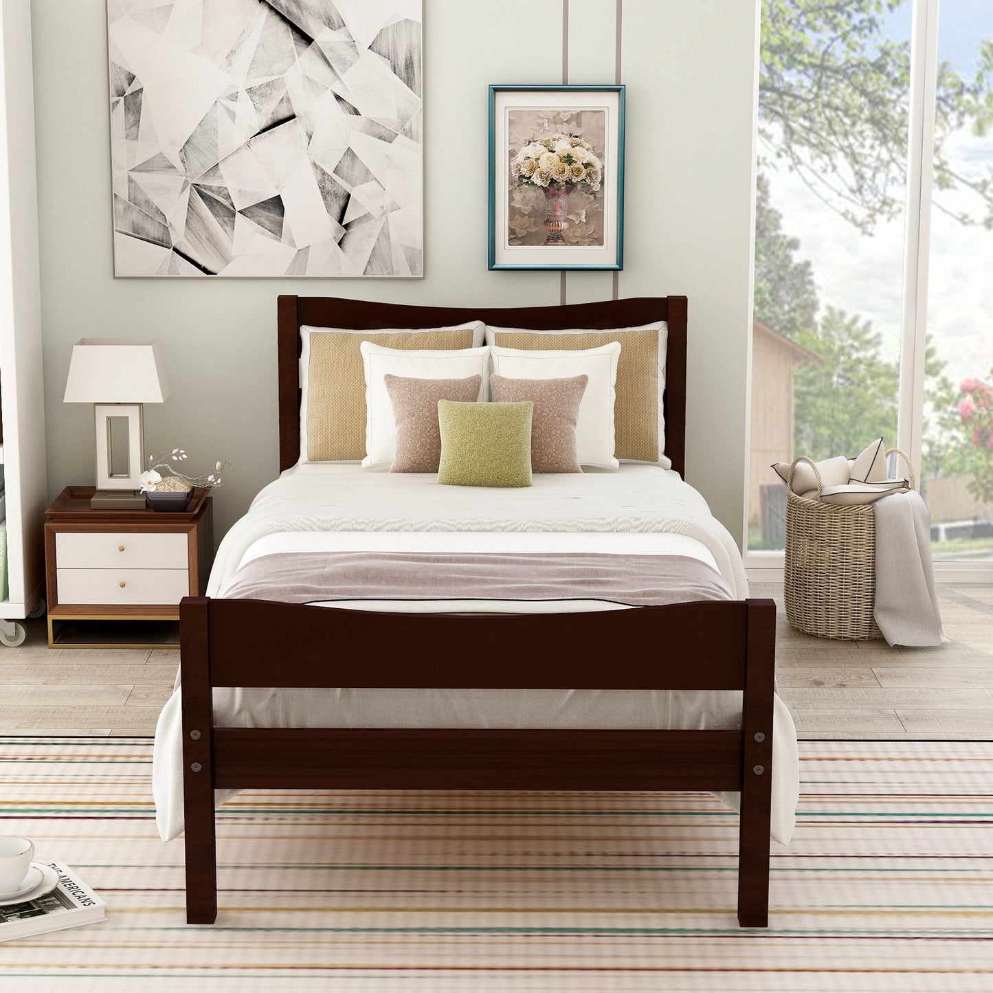 Twin Size Platform Bed With Headboard And Slat Support - Espresso