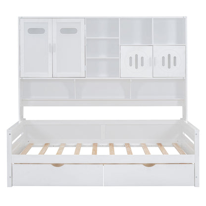Twin Size Daybed With 2 Drawers And All In One Cabinet And Shelf - White