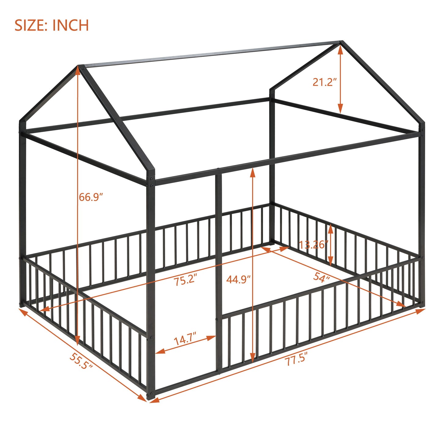 Full Size Bed House Bed Frame With Fence - Black