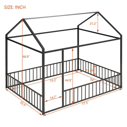 Full Size Bed House Bed Frame With Fence - Black