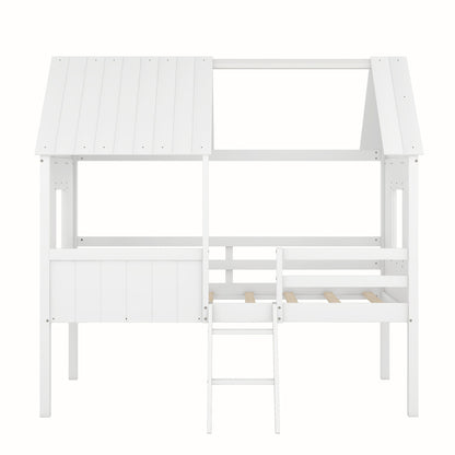 Twin Size Low Loft House Bed With Two Side Windows - White