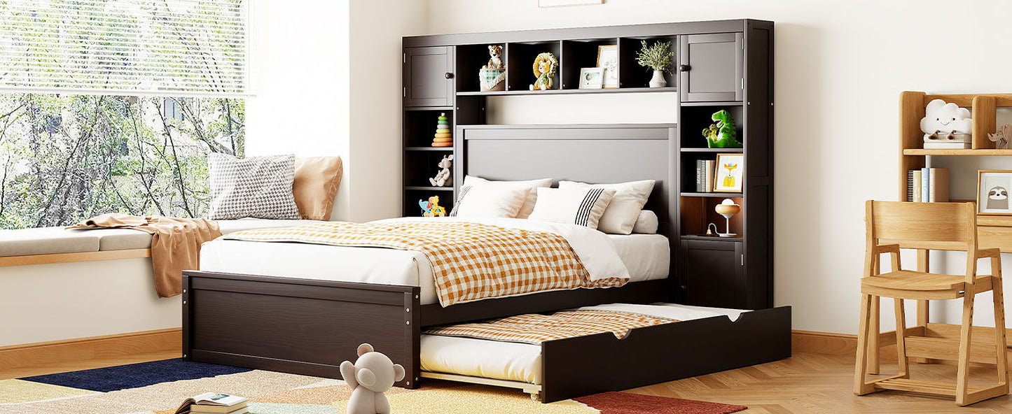 Full Size Bed With All In One Cabinet, Shelf And Sockets, Twin Size Trundle - Espresso
