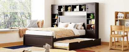 Full Size Bed With All In One Cabinet, Shelf And Sockets, Twin Size Trundle - Espresso