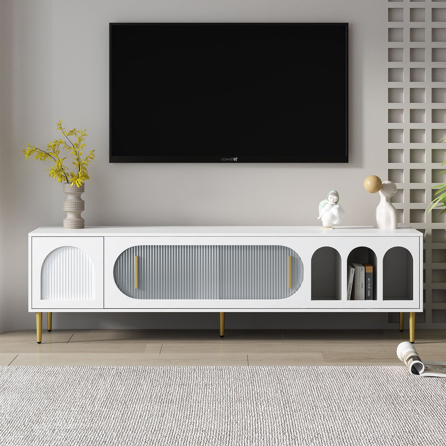 Modern TV Stand For Up To 70" TV, Entertainment Center TV Media Console Table, With 3 Shelves And 2 Cabinets, TV Console Cabinet Furniture For Living Room - White
