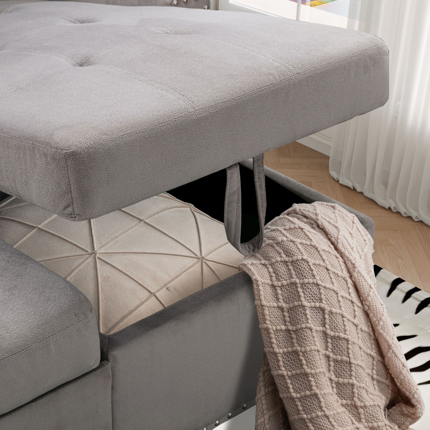 Reversible Sectional Storage Sleeper Sofa Bed, L-Shape 2 Seat Sectional Chaise With Storage, Skin-Feeling Velvet Fabric - Light Gray