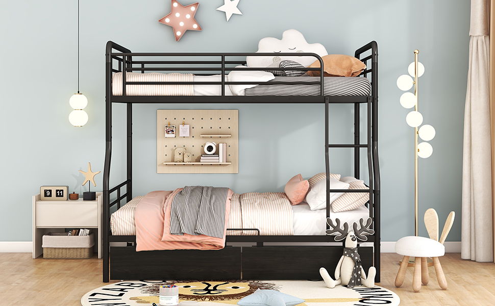 Full Long Over Queen Bunk Bed With 2 Drawers - Black