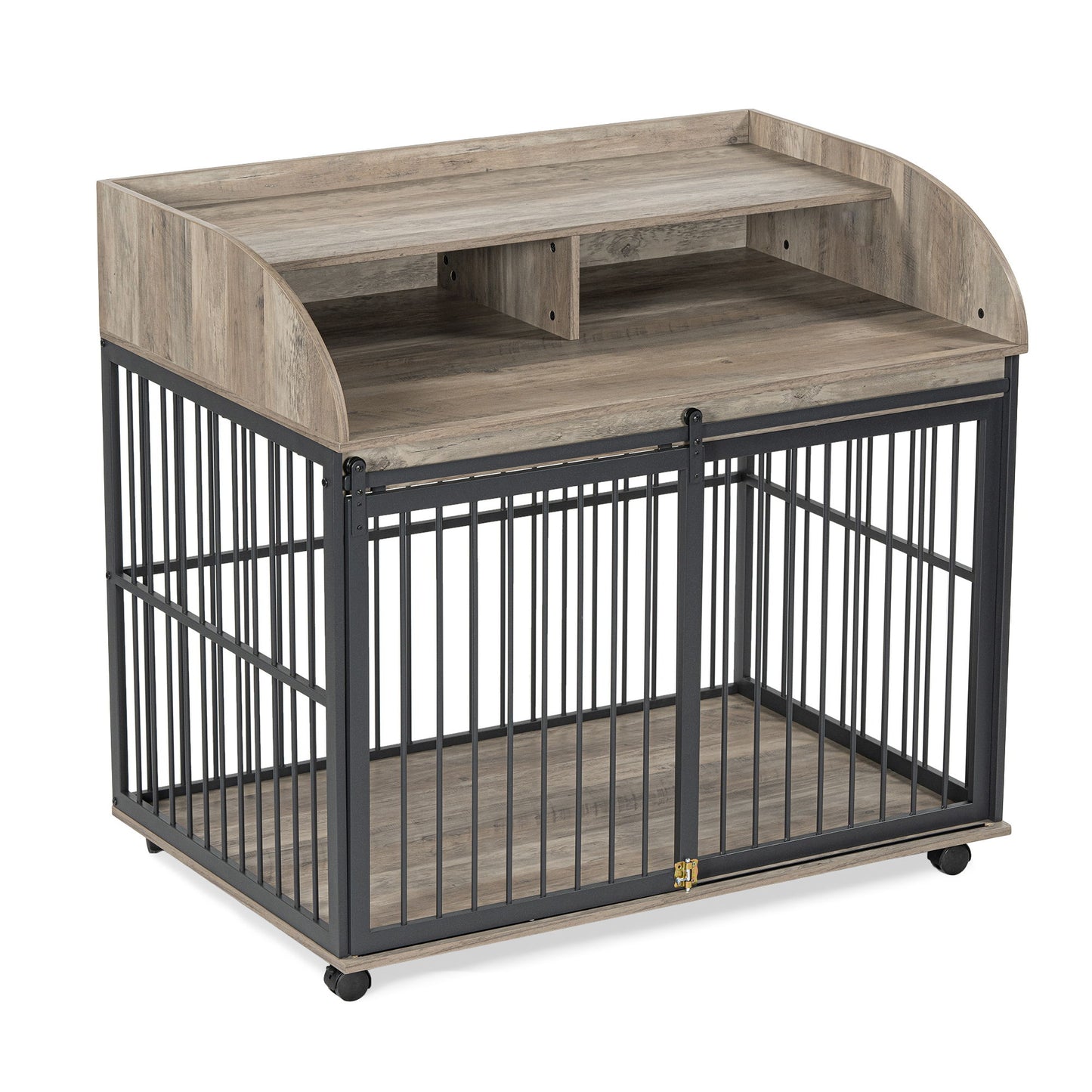 44'' Heavy Duty Large Dog Crate Furniture For Large Medium Dog With Lockable Wheels, Wooden Dog Crate Dog Kennel, End Table Crate With Double Layer Storage - Gray