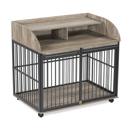 44'' Heavy Duty Large Dog Crate Furniture For Large Medium Dog With Lockable Wheels, Wooden Dog Crate Dog Kennel, End Table Crate With Double Layer Storage - Gray
