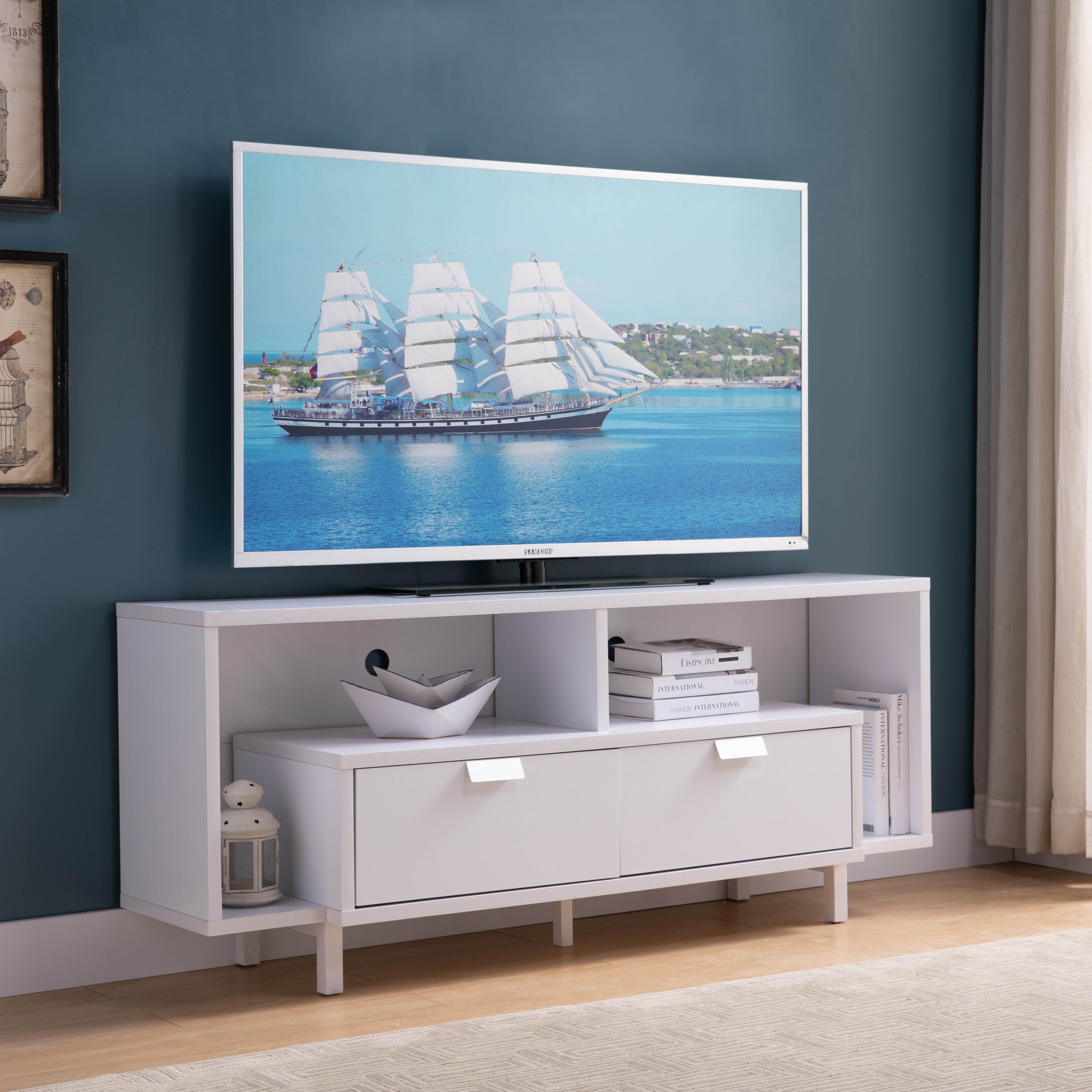 Modern TV Stand With Two Shelves And Two Drawers - White