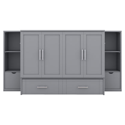 Full Size Murphy Bed With Shelves, Drawers And USB Ports - Gray