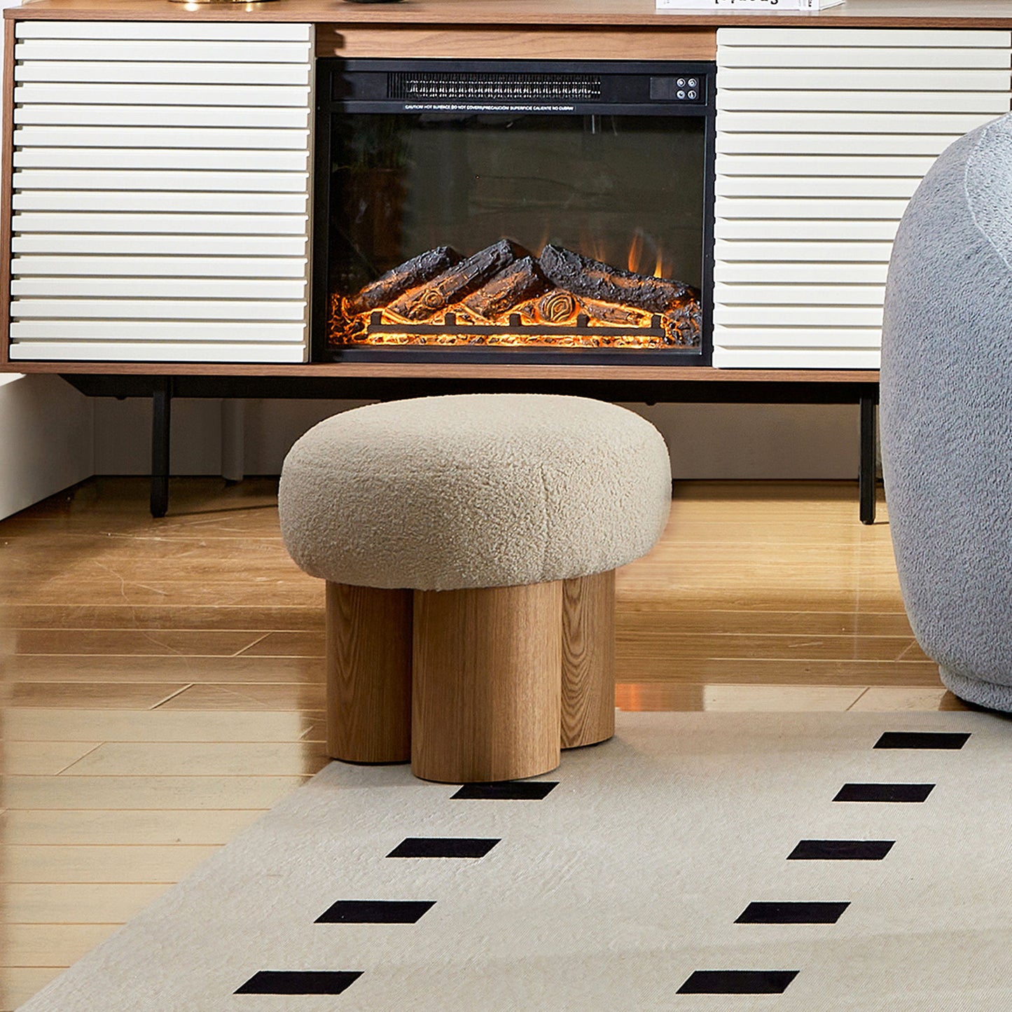 Mushroom Stool With Plush Cushion, Wooden Barrel Pipe - Greige / Walnut