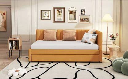 Upholstered Daybed With Trundle Twin Size Sofa Bed Frame No Box Spring Needed, Linen - Yellow