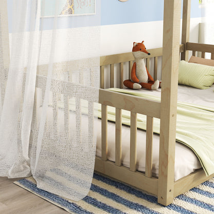 Full Size Canopy Frame Floor Bed With Fence, Guardrails - Natural