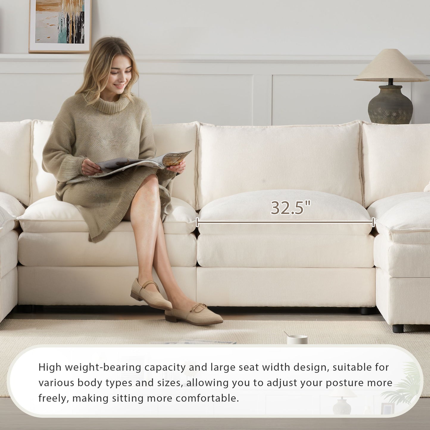 Modular Sectional With Deep And Wide Seat, U Shaped Cloud Couch Set With Double Cushions 6 Seat Sofa With Movable Ottomans Oversized - Cream