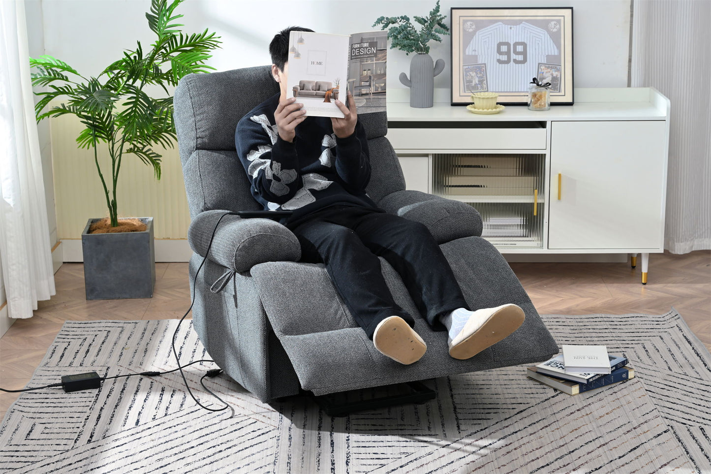 Oversized Power Lift Recliner Chair, Electric Fabric Recliner Chair, Home Theater Seating, Reclining Sofa Chair With Remote Control, Side Pocket, Spacious Seat - Dark Gray