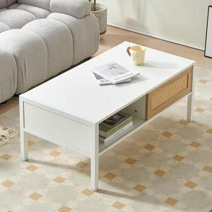 40.16" Rattan Coffee Table, Sliding Door For Storage, Metal Legs, Modern Table For Living Room - White