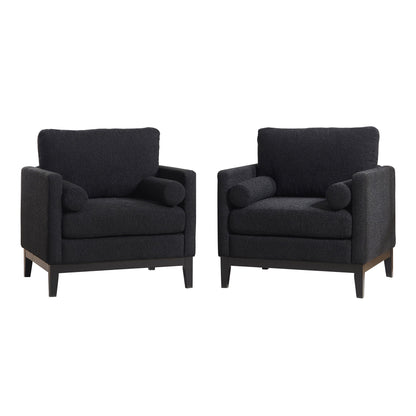 Wide Modern Farmhouse Performance Accent Chair With Black Legs, Wood Base Reading Armchair Single Sofa With 2 Bolster Pillows For Living Room Offices And Lounge - Black