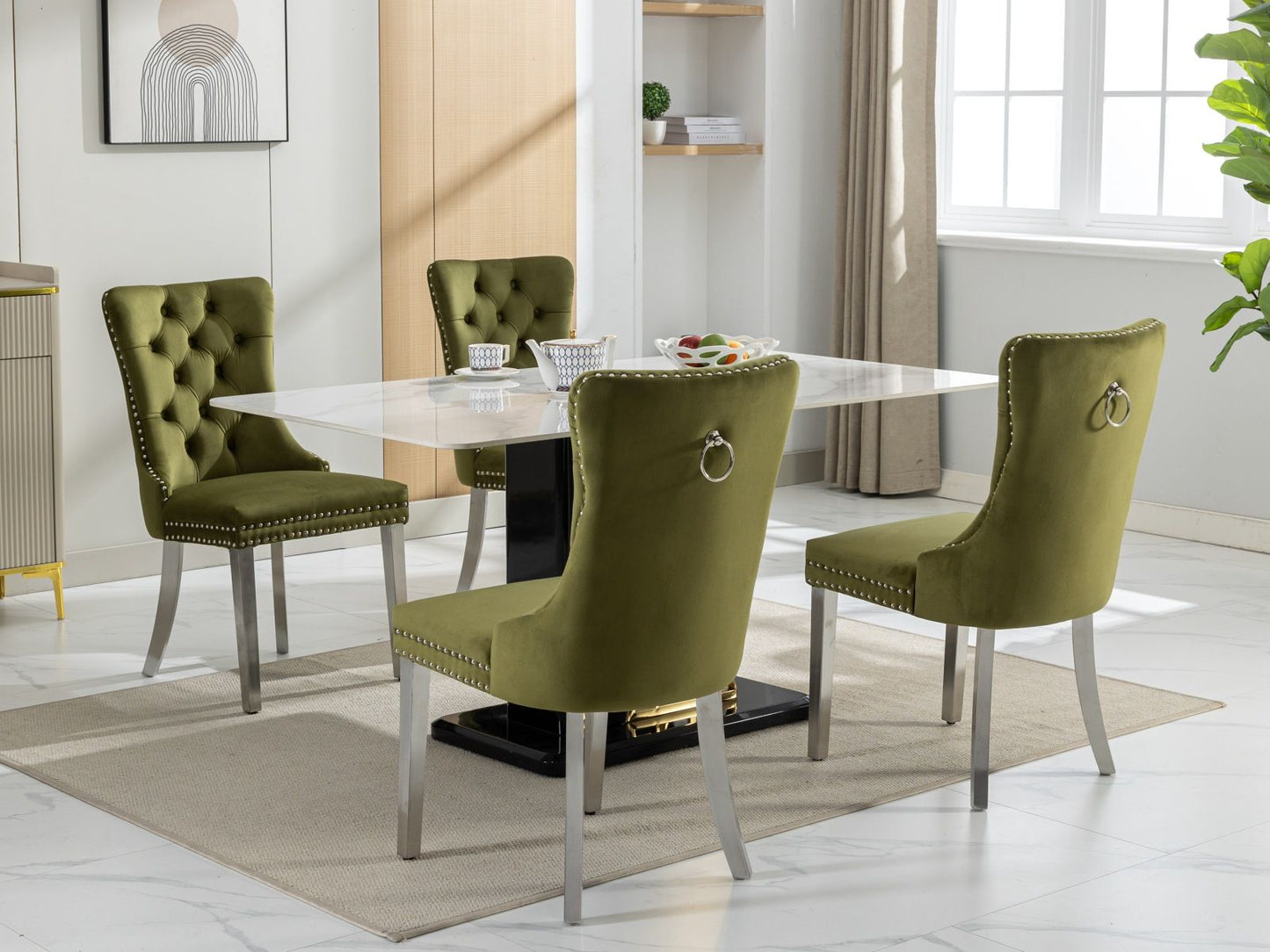 Nikki - Modern, High-End Tufted Solid Wood Contemporary Velvet Upholstered Dining Chair With Chrome Stainless Steel Plating Legs, Nailhead Trim (Set of 2) - Olive Green / Chrome
