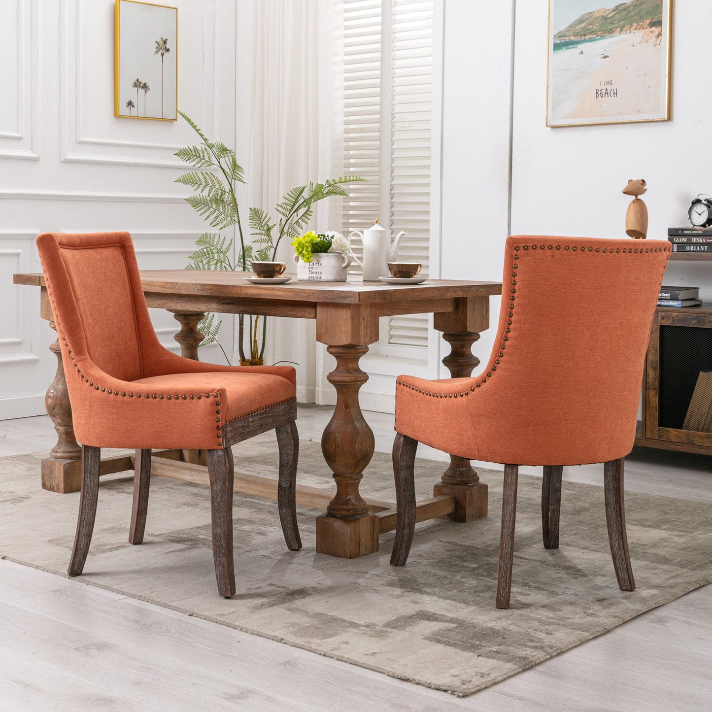 Ultra Side Dining Chair,Thickened Fabric Chairs With Neutrally Toned Solid Wood Legs, Bronze Nail Head (Set of 2) - Orange
