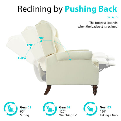 Push Back Recliner Chair Upholstered With Classic Wing Back And Solid Gourd-Shaped Legs For Living Room - Beige