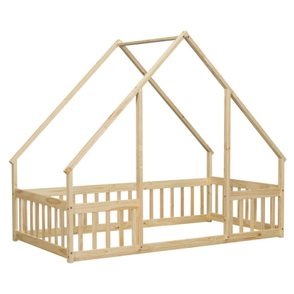 Twin Wood House-Shaped Floor Bed With Fence, Guardrails - Natural