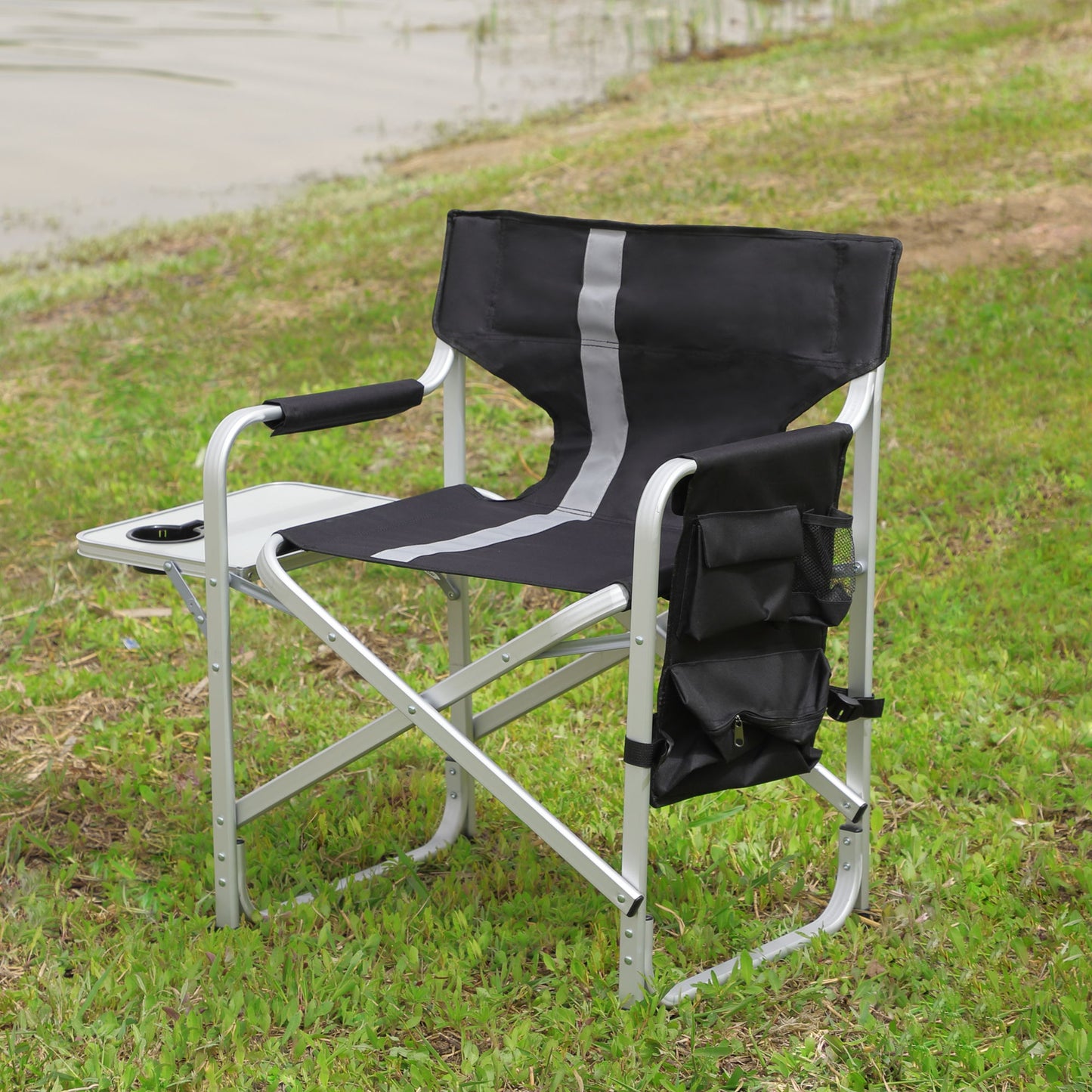 Padded Folding Outdoor Chair With Side Table And Storage Pockets, Lightweight Oversized Directors Chair For Indoor, Outdoor Camping, Picnics And Fishing - Black / Gray