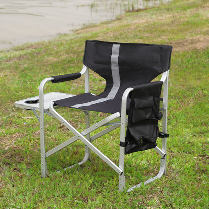 Padded Folding Outdoor Chair With Side Table And Storage Pockets, Lightweight Oversized Directors Chair For Indoor, Outdoor Camping, Picnics And Fishing - Black / Gray