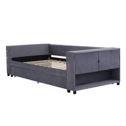 Twin Upholstered Bed With Storage And Twin Trundle, USB Charging Ports - Gray