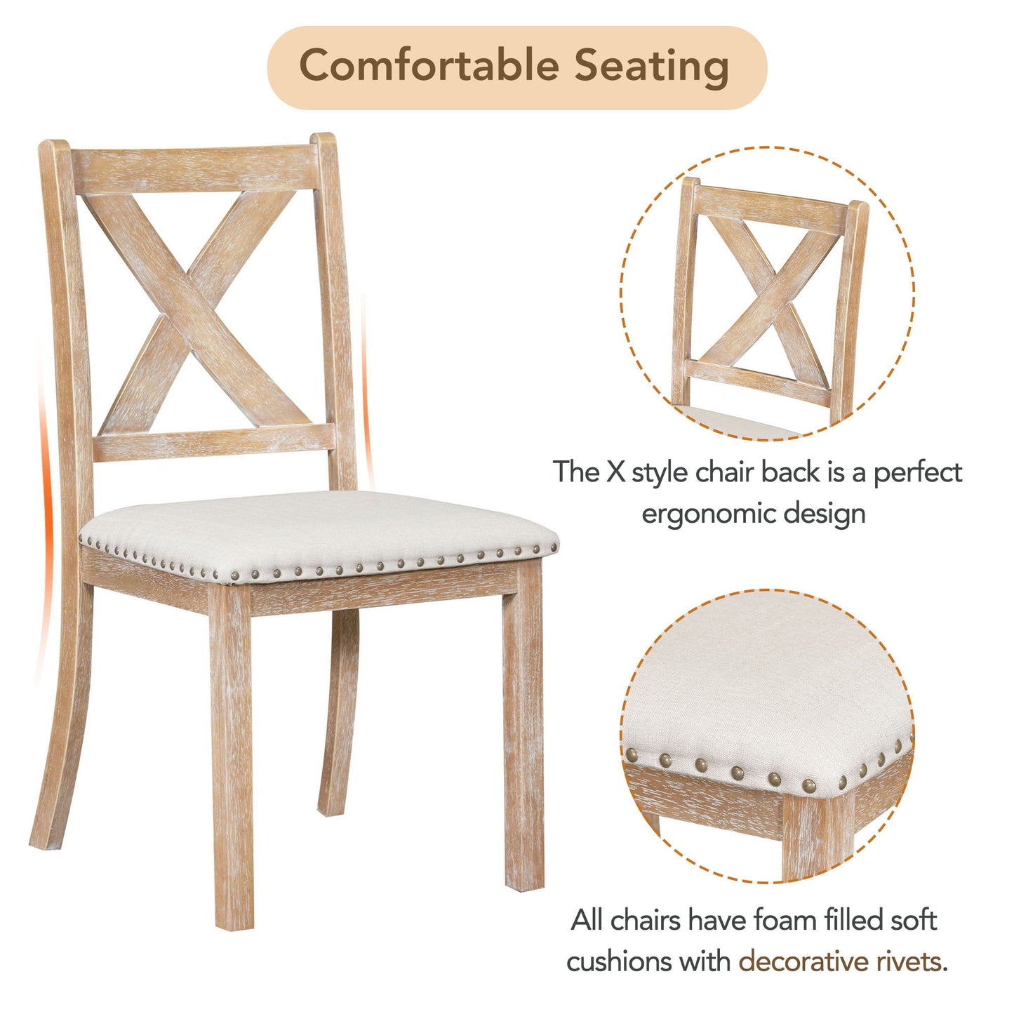 Topmax - 6 Piece Farmhouse Extendable Dining Table With Footrest, 4 Upholstered Dining Chairs And Dining Bench, Two 11" Removable Leaf - Natural / Beige