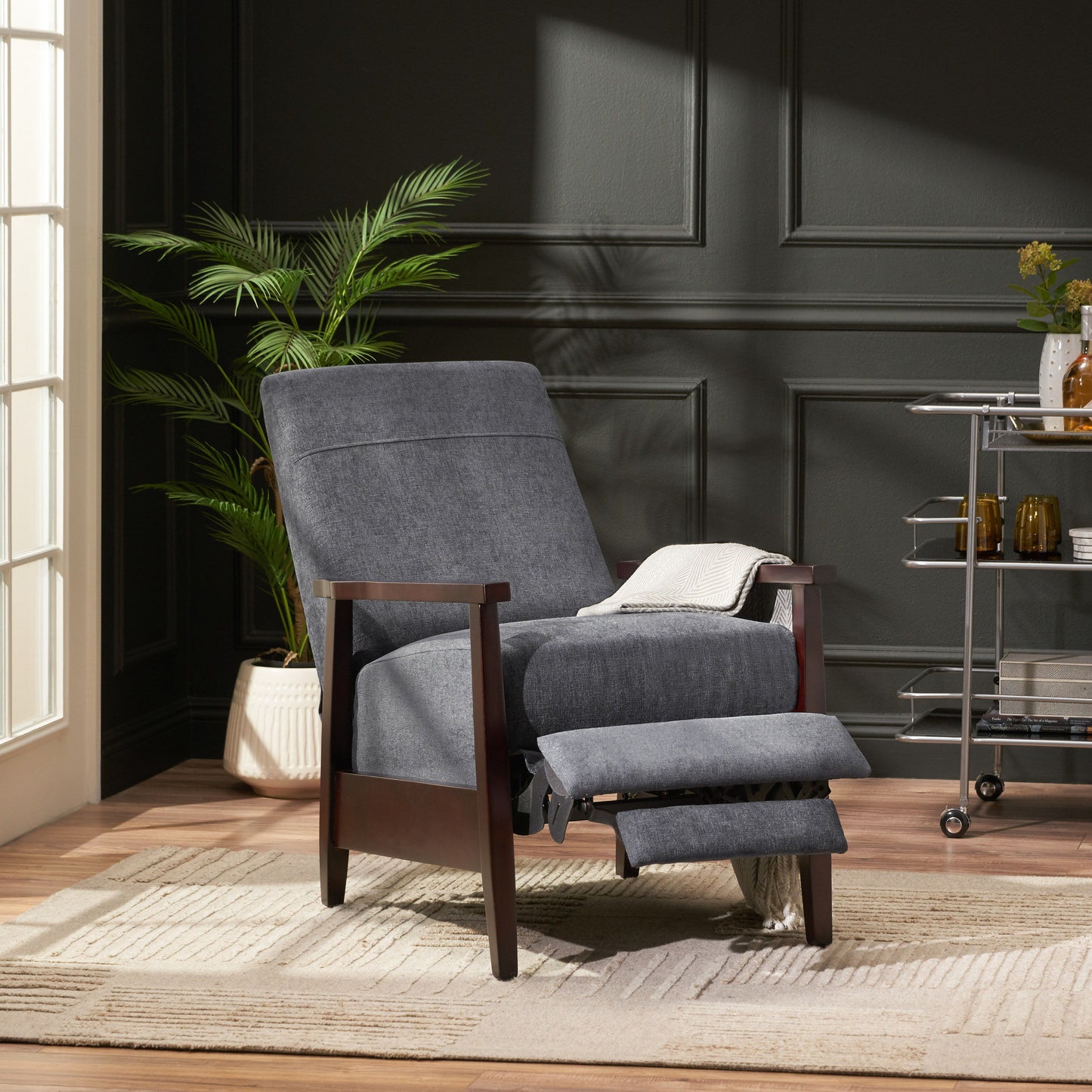Wide Wood Hand Manual Club Recliner - Charcoal
