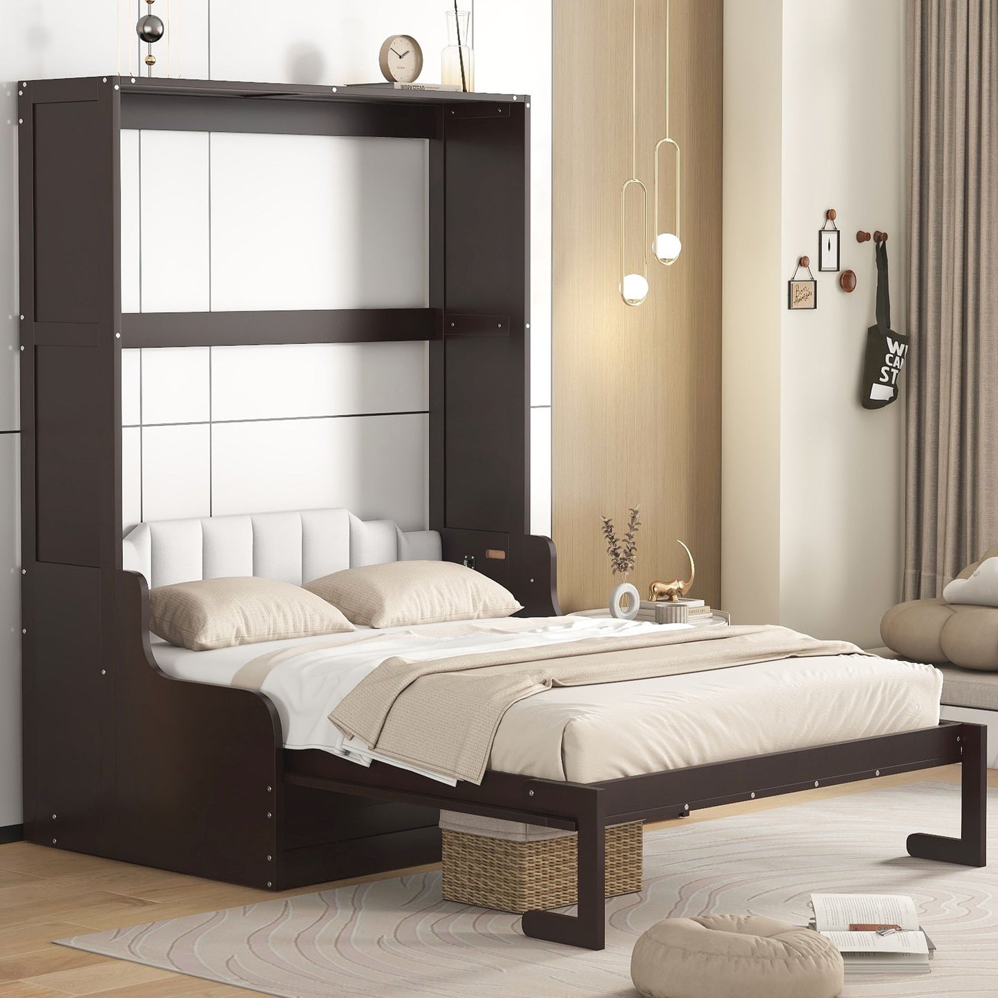 Queen Size Murphy Wall Bed With Cushion, Space Saving Design, And Construction - Espresso