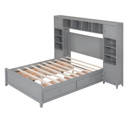 Full Size Bed With All In One Cabinet And Shelf - Gray