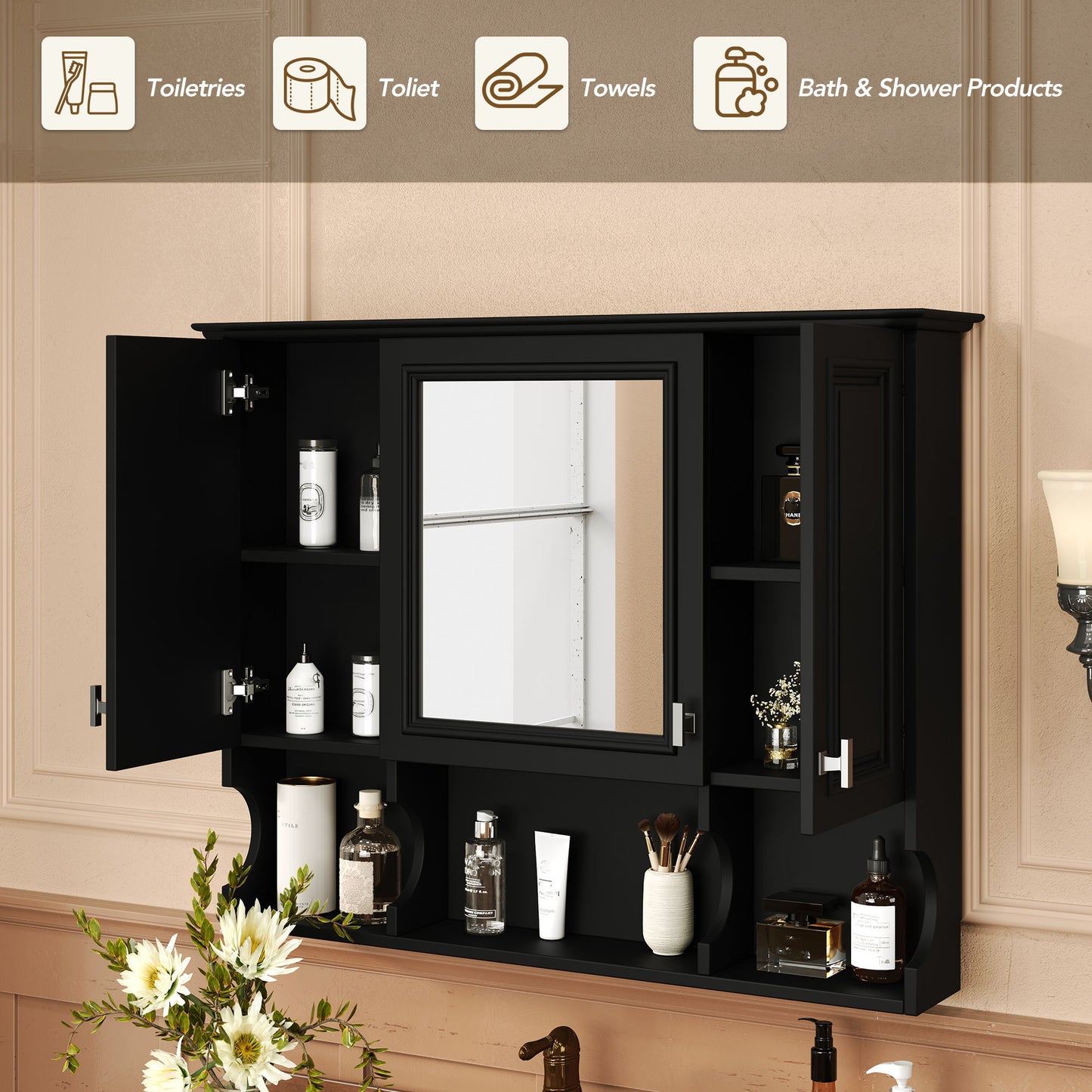 Wall Mounted Bathroom Medicine Cabinet, Modern Bathroom Wall Cabinet With Mirror, Mirror Cabinet With Open Shelves - Black