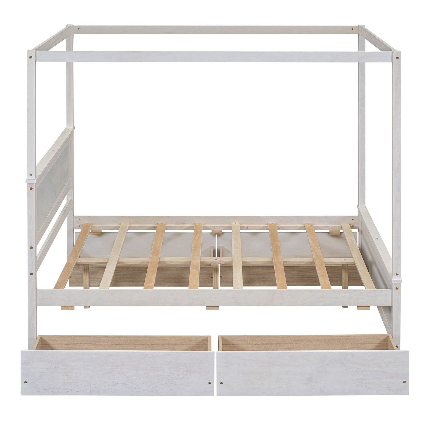 Full Size Canopy Platform Bed With 4 Drawers And Support Slats, No Box Spring Needed - Brushed White