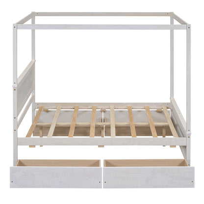 Full Size Canopy Platform Bed With 4 Drawers And Support Slats, No Box Spring Needed - Brushed White