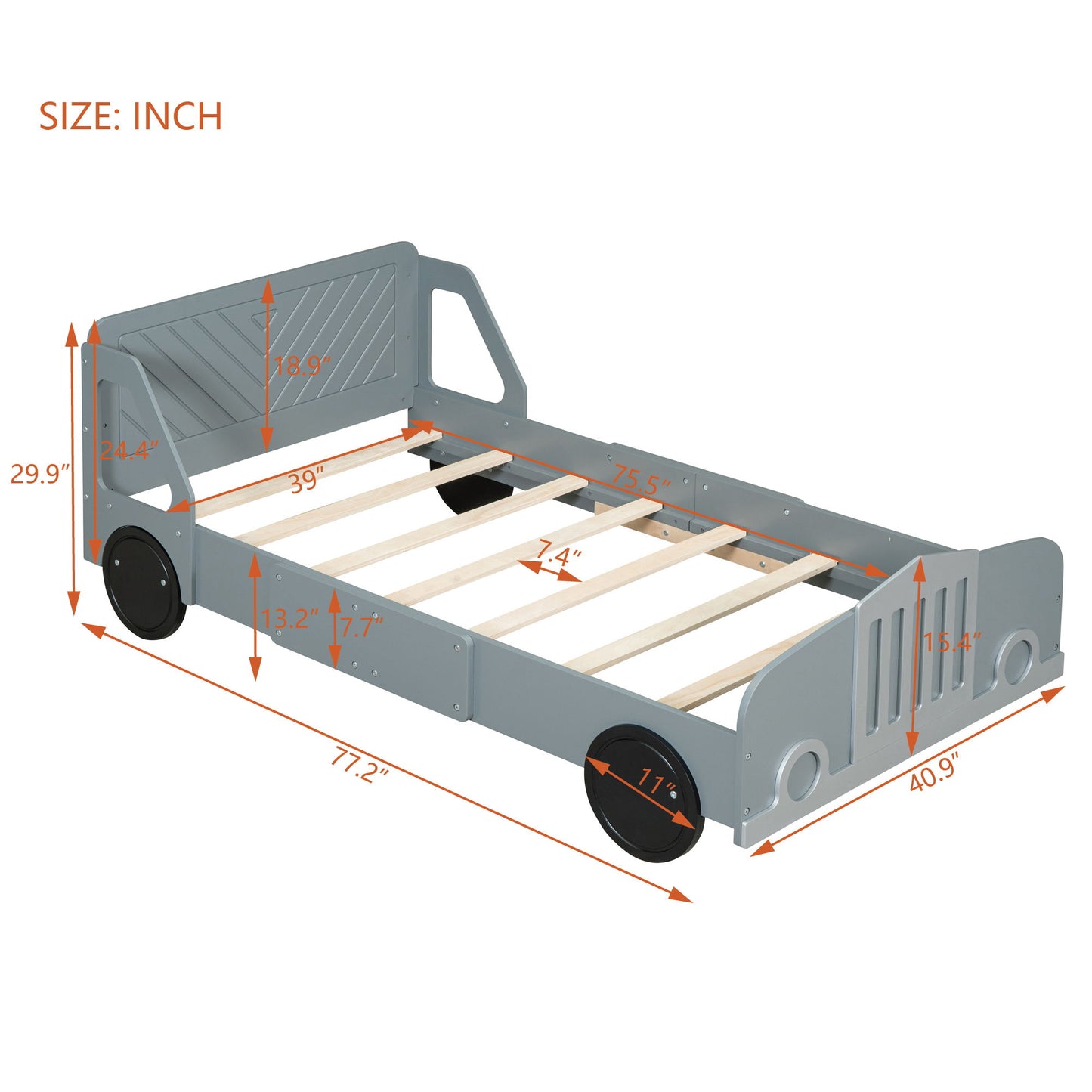 Twin Size Car Shaped Platform Bed With Wheels - Gray