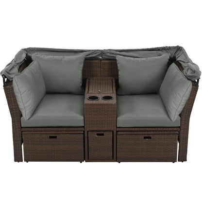 2 Seater Outdoor Patio Daybed Outdoor Double Daybed Outdoor Loveseat Sofa Set With Foldable Awning And Cushions For Garden, Balcony, Poolside - Gray