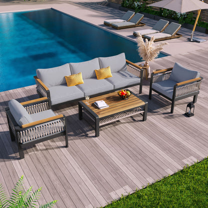 4 Pieces Outdoor Sectional Sofa Set 5 Person Patio Seating Group Outdoor Conversation Set With Cushions And A Coffee Table For Patios, Gardens, Or Balcony - Gray