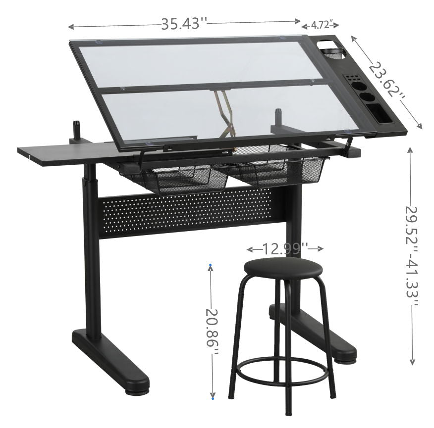 Hand Crank Adjustable Drafting Table Drawing Desk With 2 Metal Drawers With Stool - Black