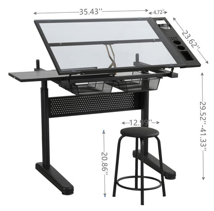 Hand Crank Adjustable Drafting Table Drawing Desk With 2 Metal Drawers With Stool - Black