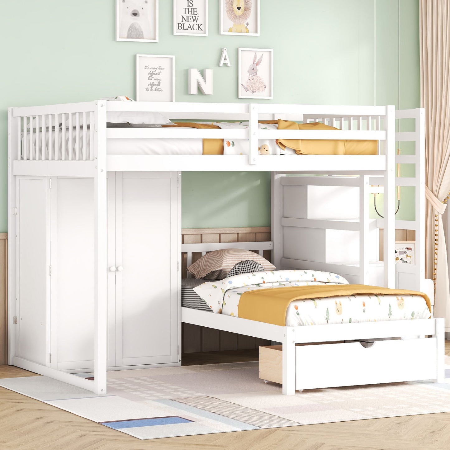 Full Over Twin Bunk Bed With Wardrobe, Drawers - White