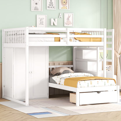Full Over Twin Bunk Bed With Wardrobe, Drawers - White
