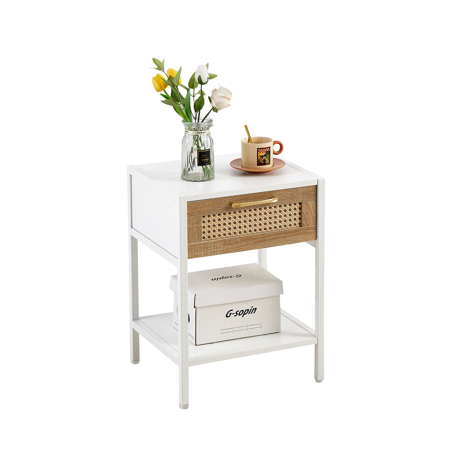 15.74" Rattan End Table With Drawer, Modern Nightstand, Metal Legs, Side Table For Living Room, Bedroom - White
