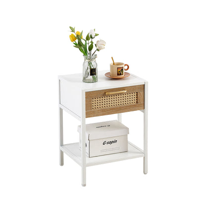15.74" Rattan End Table With Drawer, Modern Nightstand, Metal Legs, Side Table For Living Room, Bedroom - White