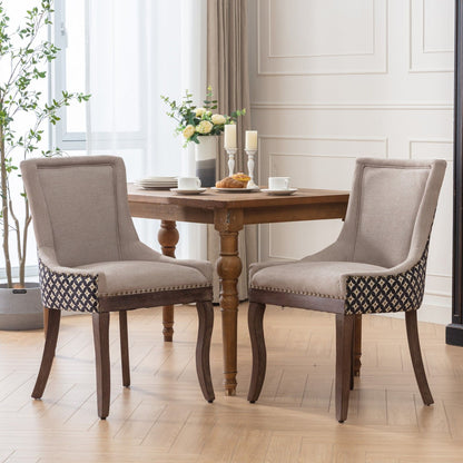 Ultra Side Dining Chair, Thickened Fabric Chairs With Neutrally Toned Solid Wood Legs, Bronze Nail Head, (Set of 2) - Beige / Patterned
