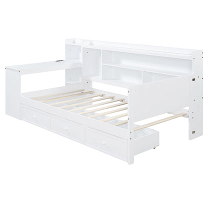 Twin Size Daybed With 3 Drawers USB Ports And Desk - White