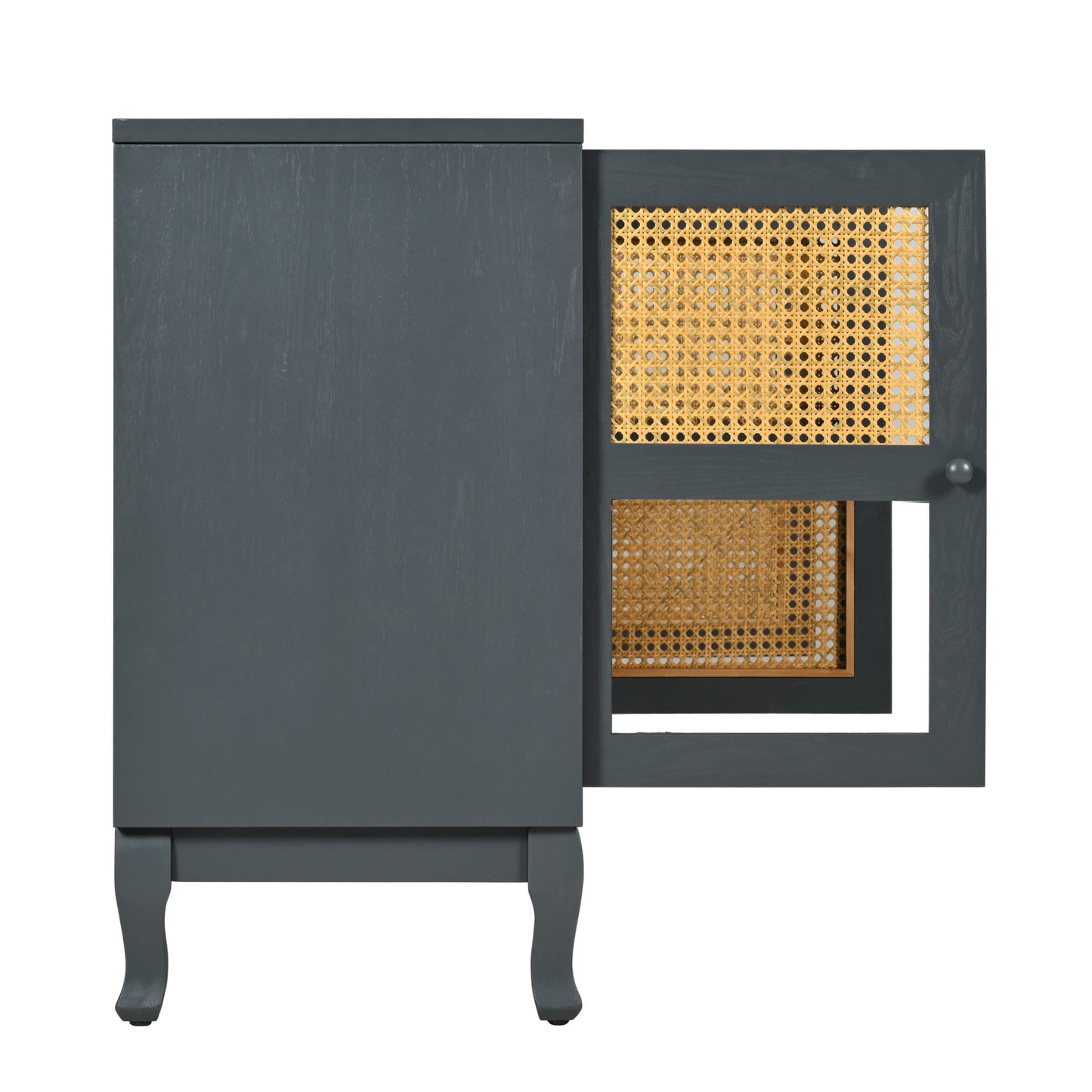 Retro Industrial Gray 4 Door Sideboard With Large Storage, Rattan And Glass Doors - Antique Dark Gray / Rattan